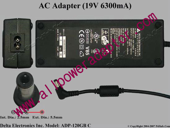 Delta Electronics ADP-120GB C AC Adapter- Laptop 19V 6.3A, 5.5/2.5mm, 2-Prong