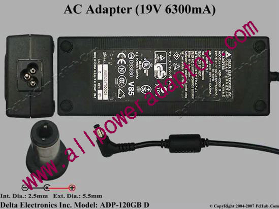 Delta Electronics ADP-120GB D AC Adapter- Laptop 19V 6.3A, 5.5/2.5mm, 3-Prong