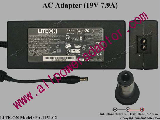 Toshiba AC Adapter 19V 7.9A, Barrel 5.5/2.5mm, 2-Prong