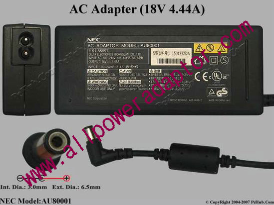 NEC AC Adapter AU80001, 18V 4.44A, Tip D, (2-prong)