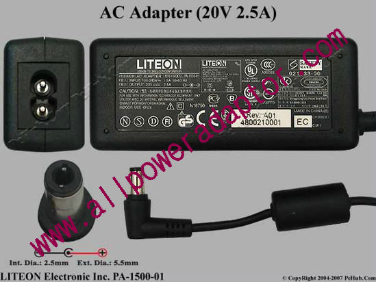 LITE-ON PA-1500-01 AC Adapter 20V 2.5A, 5.5/2.5mm, 2-Prong