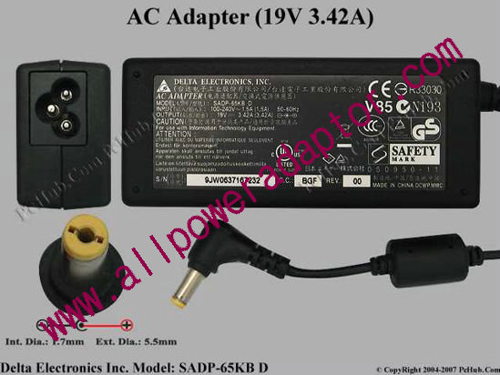Delta Electronics SADP-65KB AC Adapter- Laptop 19V 3.42A, 5.5/1.7mm, 3-Prong,