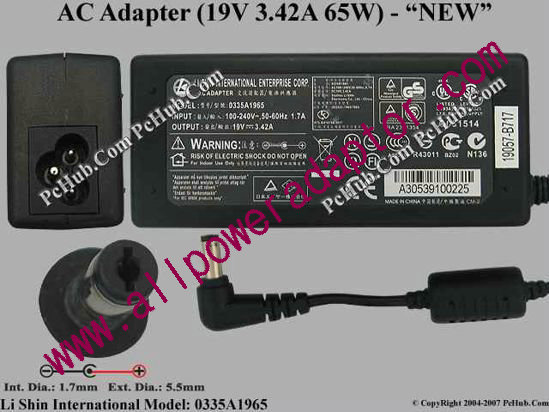 Li Shin 0335A1965 AC Adapter 19V 3.42A, 5.5/1.7mm, 3-Prong, NEW
