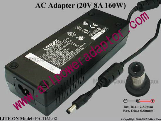 LITE-ON PA-1161-02 AC Adapter 20V 8A 5.5/2.5mm 12mm, 3-Prong