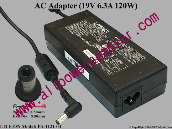 LITE-ON PA-1121-04 AC Adapter 19V 6.3A, 5.5/2.5mm 12mm Length, 3-Prong