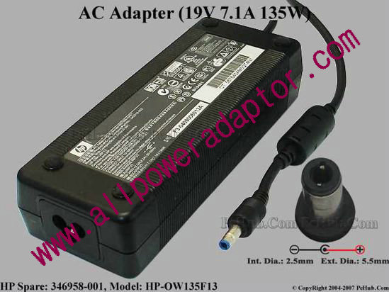 HP AC Adapter- Laptop 19V 7.1A, 5.5/2.5mm, 3-Prong