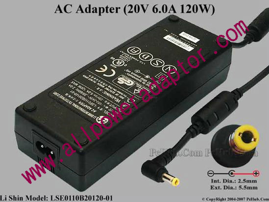 Li Shin LSE0110B20120-01 AC Adapter 20V 6A, 5.5/2.5mm, 2-Prong