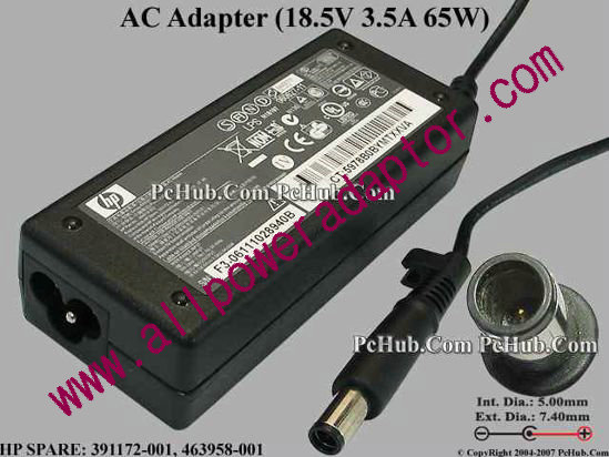 HP AC Adapter- Laptop 18.5V 3.5A, 7.4/5.0mm With Pin, 3-Prong
