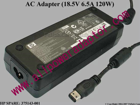 HP AC Adapter- Laptop 18.5V 6.5A, Rectangular Tip, 3-Prong - Click Image to Close