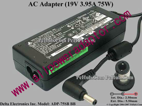 Delta Electronics ADP-75SB BB AC Adapter- Laptop 19V 3.95A, Barrel 5.5/2.5mm, 3-Prong, New