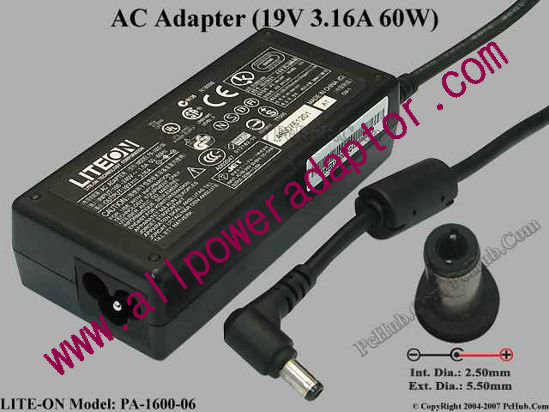 LITE-ON PA-1600-06 AC Adapter 19V 3.16A, 5.5/2.5mm, 3-Prong