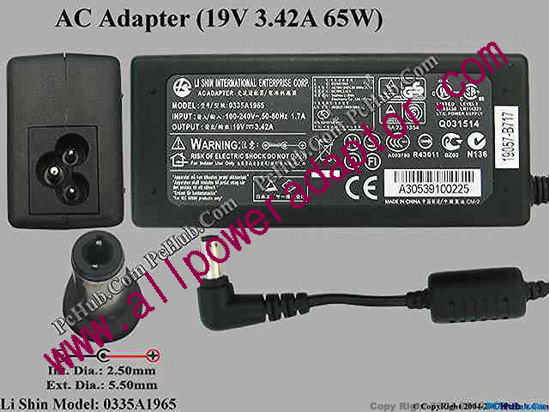 Li Shin 0335A1965 AC Adapter 19V 3.42A 65W, Barrel 5.5/2.5mm, 3-Prong