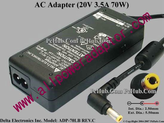 Delta Electronics ADP-70LB REV.C AC Adapter- Laptop 20V 3.5A, 5.5/2.5mm, 2-Prong