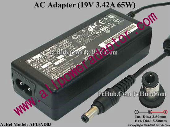 Acbel Polytech API3AD03 AC Adapter- Laptop 19V 3.42A, 5.5/2.5mm 12mm, 3-Prong