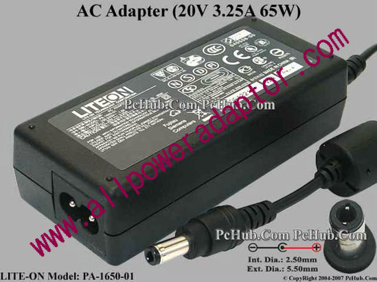 LITE-ON PA-1650-01 AC Adapter 20V 3.25A, 5.5/2.5mm 12mm Length, 2-Prong