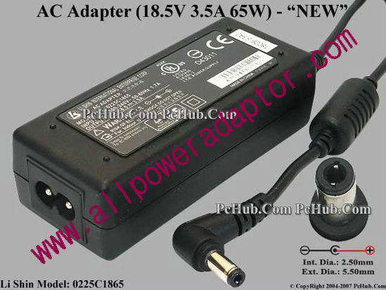 Li Shin 0225C1865 AC Adapter- Laptop 18.5V 3.5A, Barrel 5.5/2.5mm, 2-Prong, New