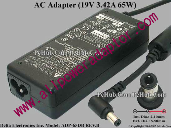 Delta Electronics ADP-65DB REV.B AC Adapter- Laptop 19V 3.42A, 5.5/2.1mm, 3-Prong