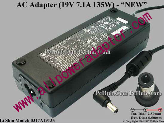 Li Shin 0317A19135 AC Adapter 19V 7.1A, 5.5/2.5mm, 3-Prong, New