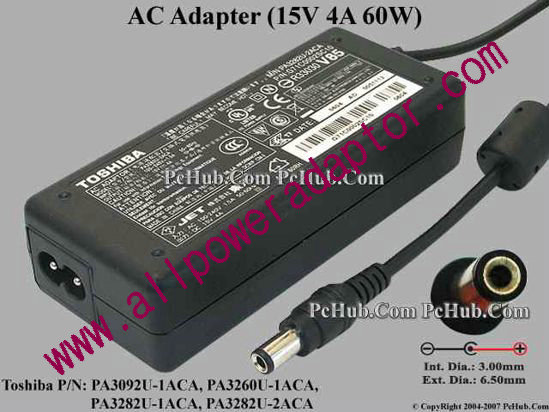 Toshiba AC Adapter 15V 4A, 6.3/3.0mm, 2-Prong