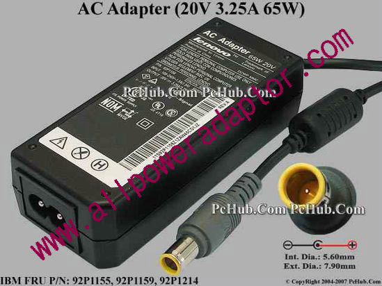 IBM Thinkpad Series AC Adapter- Laptop 20V 3.25A 7.9/5.5mm With Pin, 2 Prong