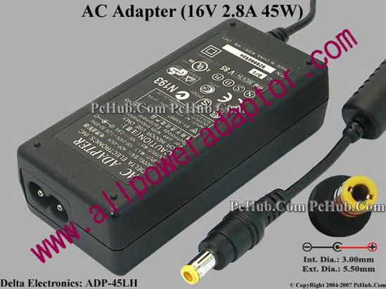 Delta Electronics ADP-45LH AC Adapter- Laptop 16V 2.8A. 5.5/3.0mm, 2-Prong