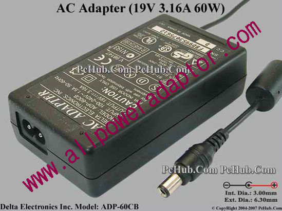 Delta Electronics ADP-60CB AC Adapter- Laptop 19V 3.16A, 6.5/3.0mm, 2-Prong