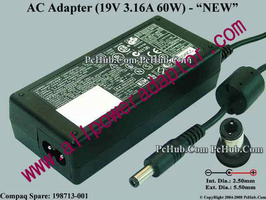 Compaq Common Item (Compaq) AC Adapter- Laptop 19V 3.16A, 5.5/2.5mm 12mm L, 2-Prong, New