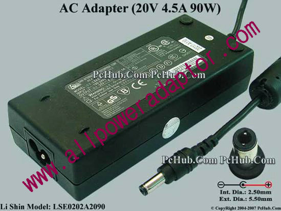 Li Shin LSE0202A2090 AC Adapter 20V 4.5A, 5.5/2.5mm 12mm Length, 3-Prong