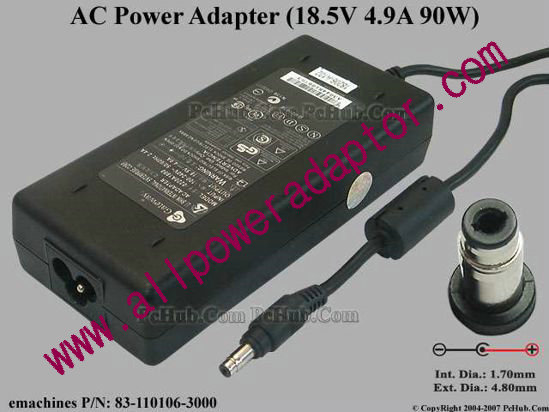 eMachines Common Item (eMachines) AC Adapter- Laptop 83-110106-1000, 18.5V 4.9A, Tip T
