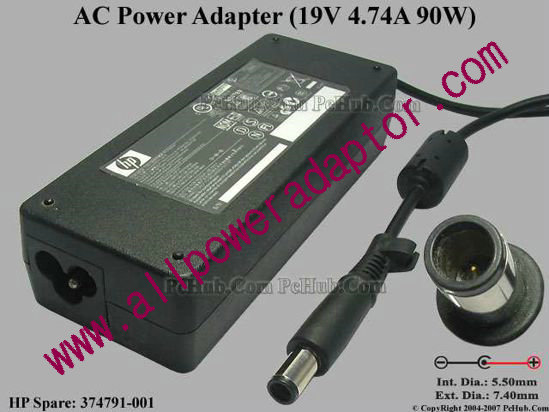 HP AC Adapter- Laptop 374791-001, 19V 4.74A, Pin