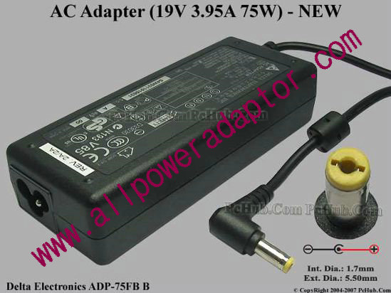 Delta Electronics ADP-75FB B AC Adapter- Laptop 19V 3.95A, 5.5/1.7mm, 3-Prong, New