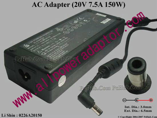 Li Shin 0226A20150 AC Adapter 20V 7.5A, 6.5/3.0mm, 3-Prong