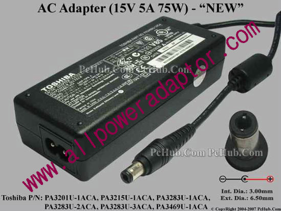 Toshiba AC Adapter 15V 5A, Tip D, NEW, (2-prong)