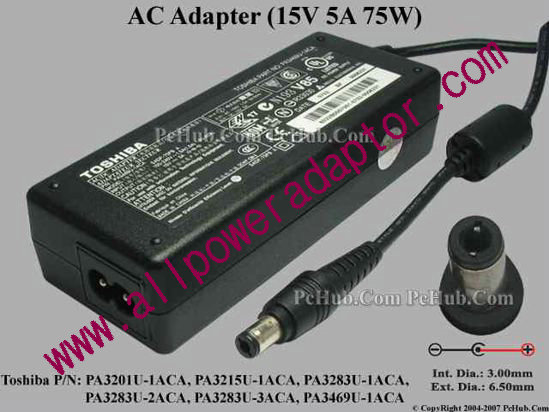 Toshiba AC Adapter 15V 5A, Tip D, (2-prong)
