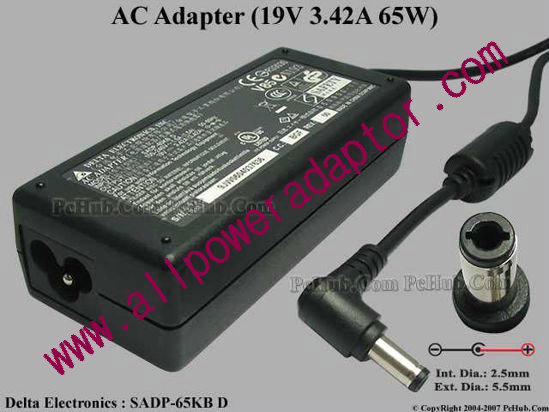 Delta Electronics SADP-65KB AC Adapter- Laptop 19V 3.42A, 5.5/2.5mm, 3-Prong