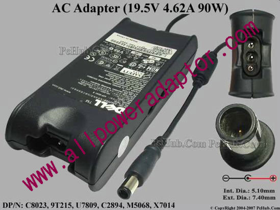 Dell Common Item (Dell) AC Adapter- Laptop 19.5V 4.62A, 7.4/5.0mm With Pin, 3-Prong Flat