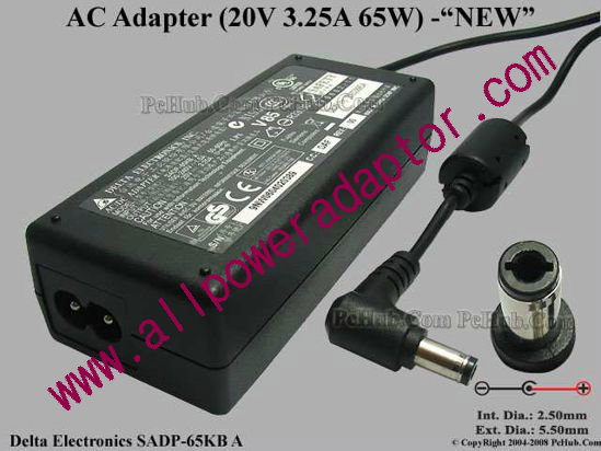 Delta Electronics SADP-65KB AC Adapter- Laptop 20V 3.25A, 5.5/2.5mm, 3-Prong, New