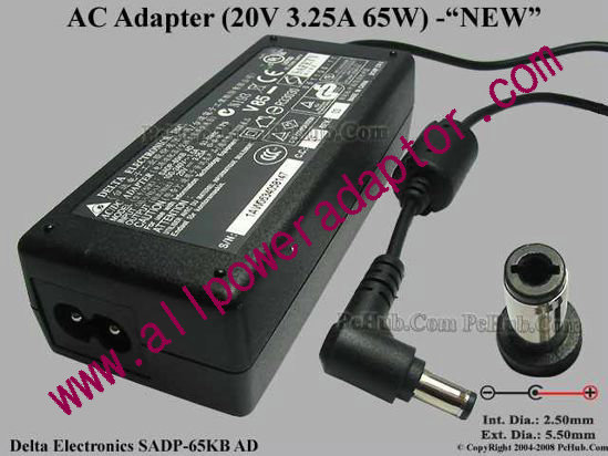 Delta Electronics SADP-65KB AC Adapter- Laptop 20V 3.25A, 5.5/2.5mm, 2-Prong, New