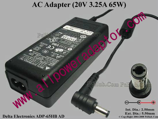 Delta Electronics ADP-65HB AD AC Adapter- Laptop 20V 3.25A, 5.5/2.5mm, 2-Prong