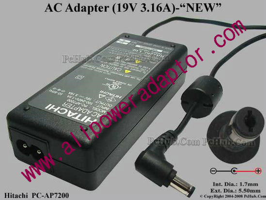 Hitachi AC Adapter- Laptop 19V 3.16A, 5.5/1.7mm, 2-Prong