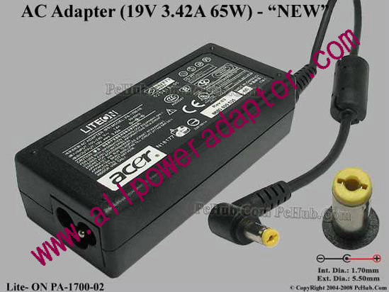 LITE-ON PA-1700-02 AC Adapter 19V 3.42A, 5.5/1.7mm, 3-Prong, NEW