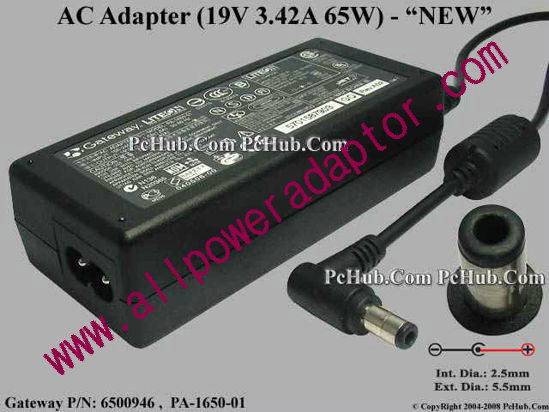 Gateway Common Item (Gateway) AC Adapter - NEW Original 19V 3.42A, 5.5/2.5mm, 2-Prong, New