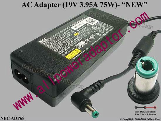 NEC AC Adapter 19V 3.95A, 5.5/2.5mm, 2-Prong, New