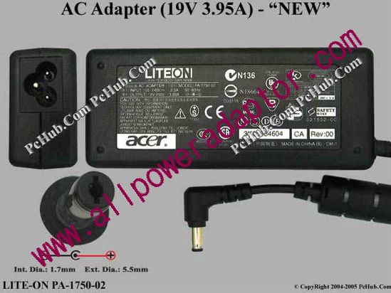 LITE-ON PA-1750-02 AC Adapter 19V 3.95A, 5.5/1.7mm, 3-Prong, New