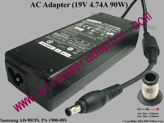 Samsung Laptop AC Adapter 19V 4.74A, 5.5/3.5mm With Pin, 3-Prong