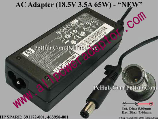 HP AC Adapter- Laptop 18.5V 3.5A, 7.4/5.0mm With Pin, 3-Prong, New