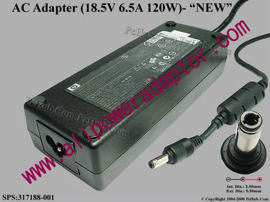 HP AC Adapter- Laptop 18.5V 6.5A, 5.5/2.5mm 12mm Length, 3-Prong, New