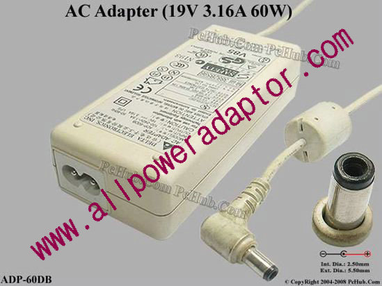 Delta Electronics ADP-60DB AC Adapter- Laptop 19V 3.16A, 5.5/2.5mm, 2-Prong, White - Click Image to Close