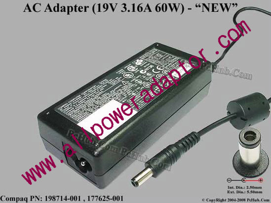 Compaq Common Item (Compaq) AC Adapter- Laptop 19V 3.16A, 5.5/2.5mm, 3-Prong, New