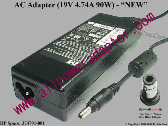 HP AC Adapter- Laptop 374791-001, 19V 4.74A, Tip T, NEW